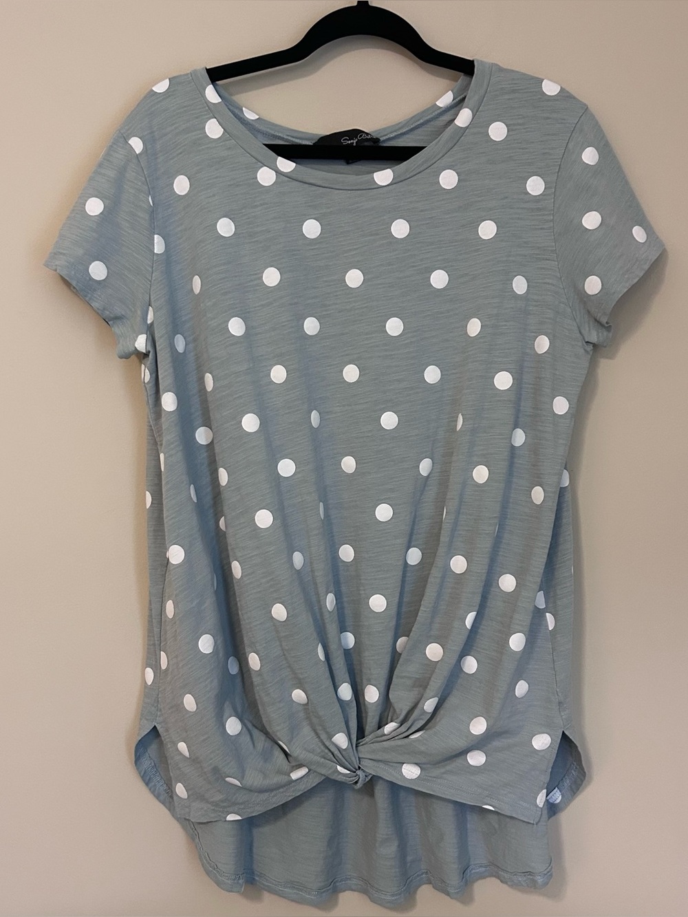 Suzanne Betro light blue 1X TWIST FRONT POLKA DOT TUNIC HI/LO top pleated back
